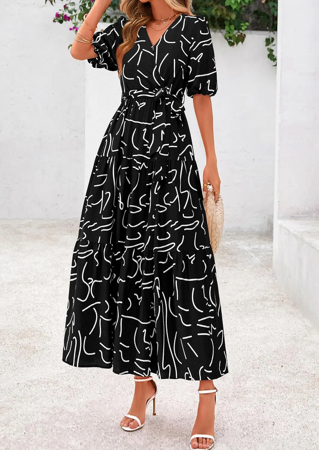 PRETTYGARDEN Women's Summer Maxi Dress 2025 Resort Wear Boho Floral V Neck Puff Short Sleeve Ruffle Flowy Beach Long Dresses