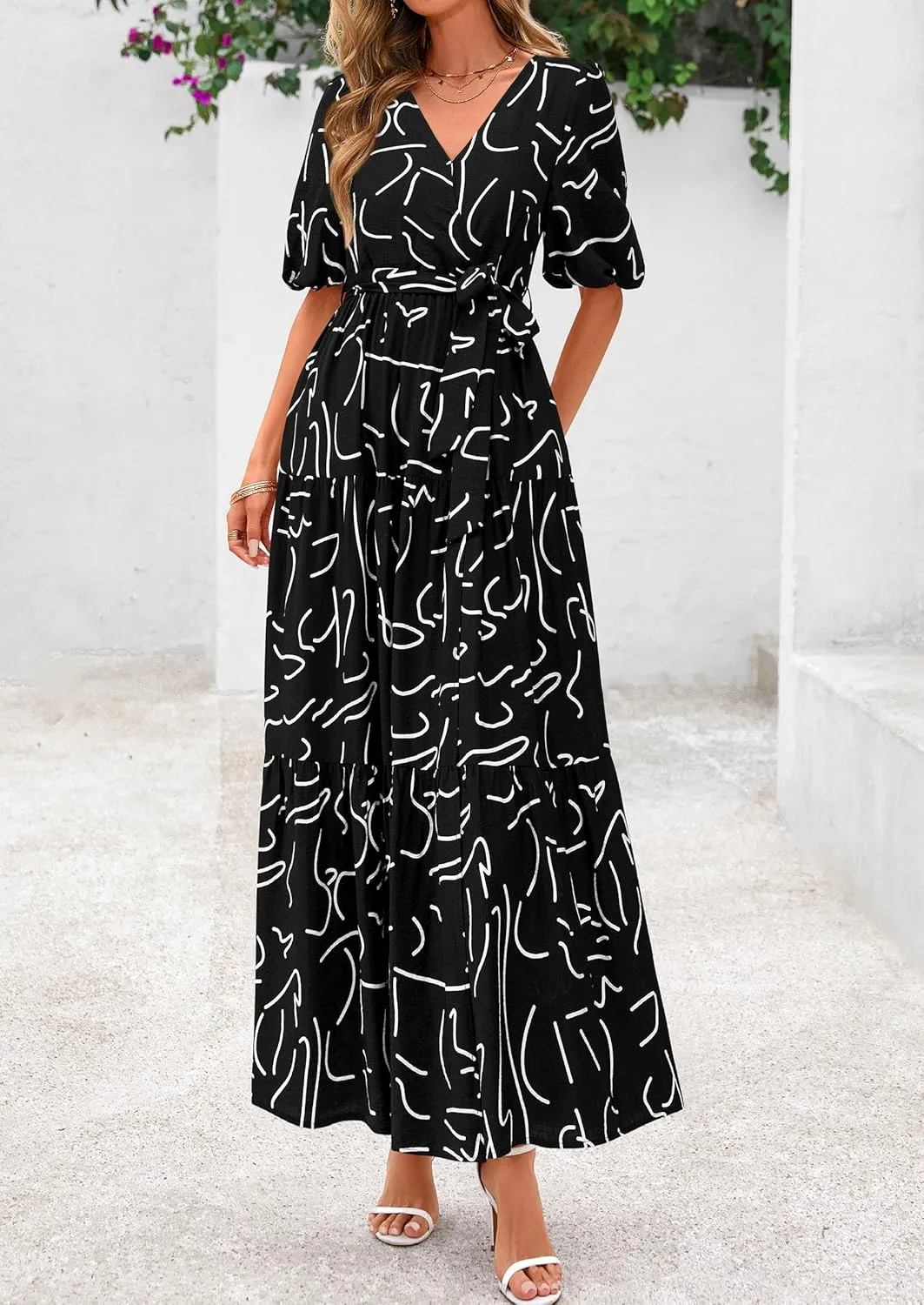 PRETTYGARDEN Women's Summer Maxi Dress 2025 Resort Wear Boho Floral V Neck Puff Short Sleeve Ruffle Flowy Beach Long Dresses