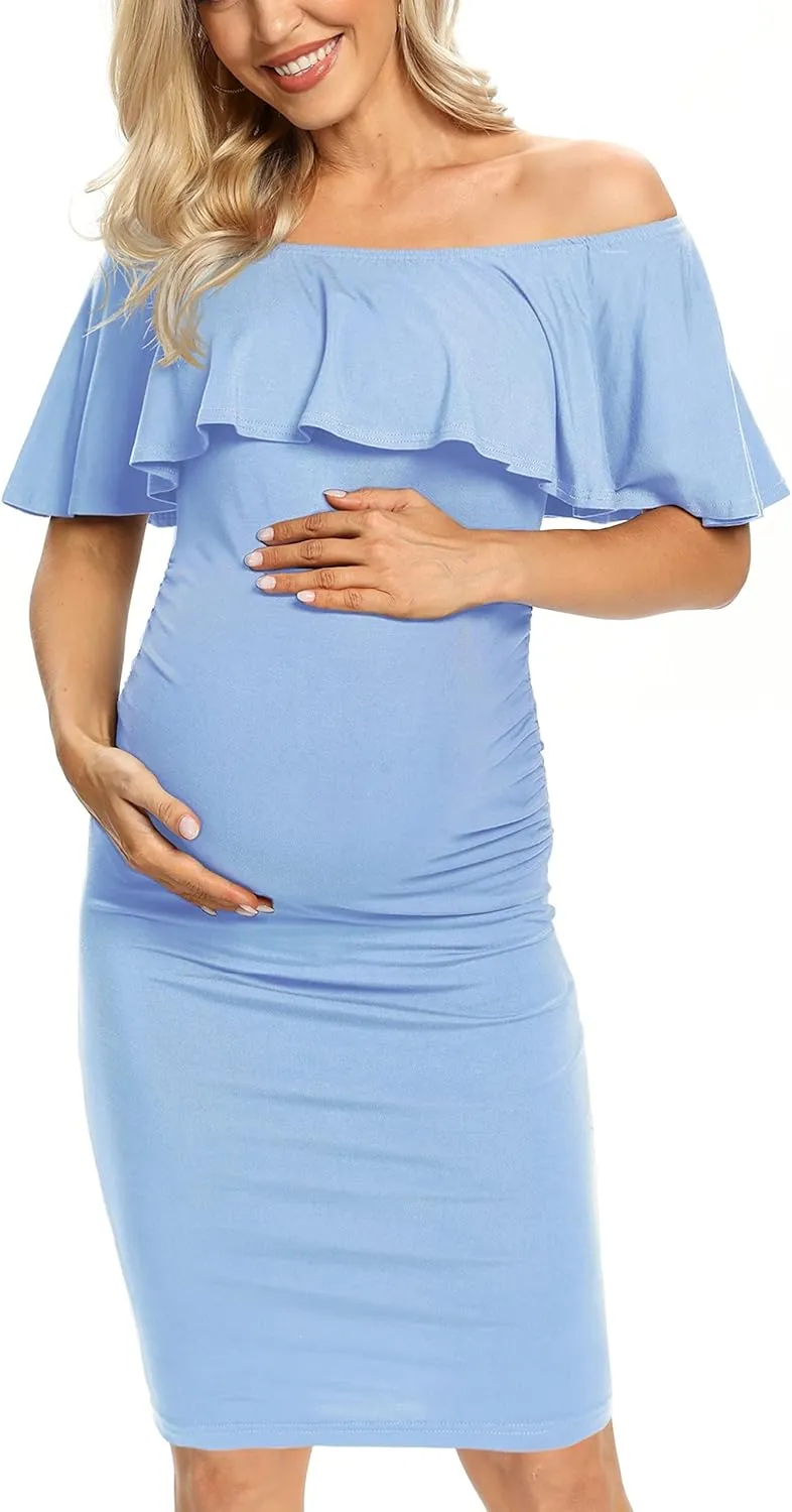 Ruffle Off Shoulder Fitted Maternity Dress, Ruched Side Bodycon Formal Pregnancy Dress for Baby Shower/Photography