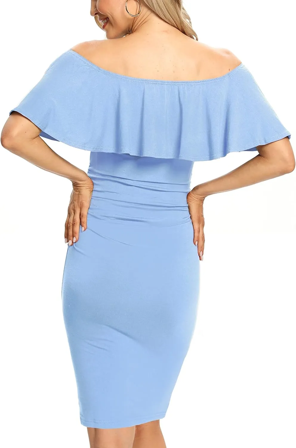 Ruffle Off Shoulder Fitted Maternity Dress, Ruched Side Bodycon Formal Pregnancy Dress for Baby Shower/Photography