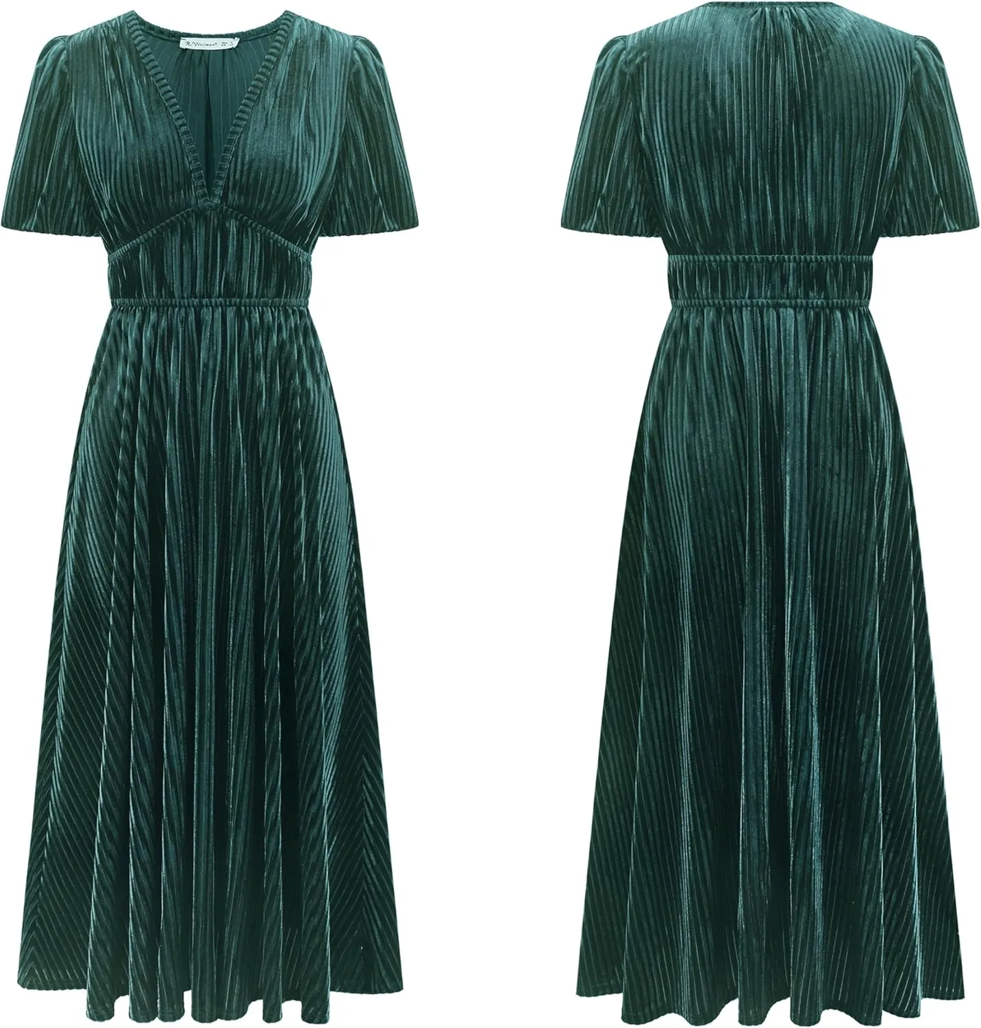 R.Vivimos Women's Fall Winter Velvet Dress Puff Sleeve Sexy Deep V Neck Elastic High Waist A-Line Elegant Casual Midi Dress