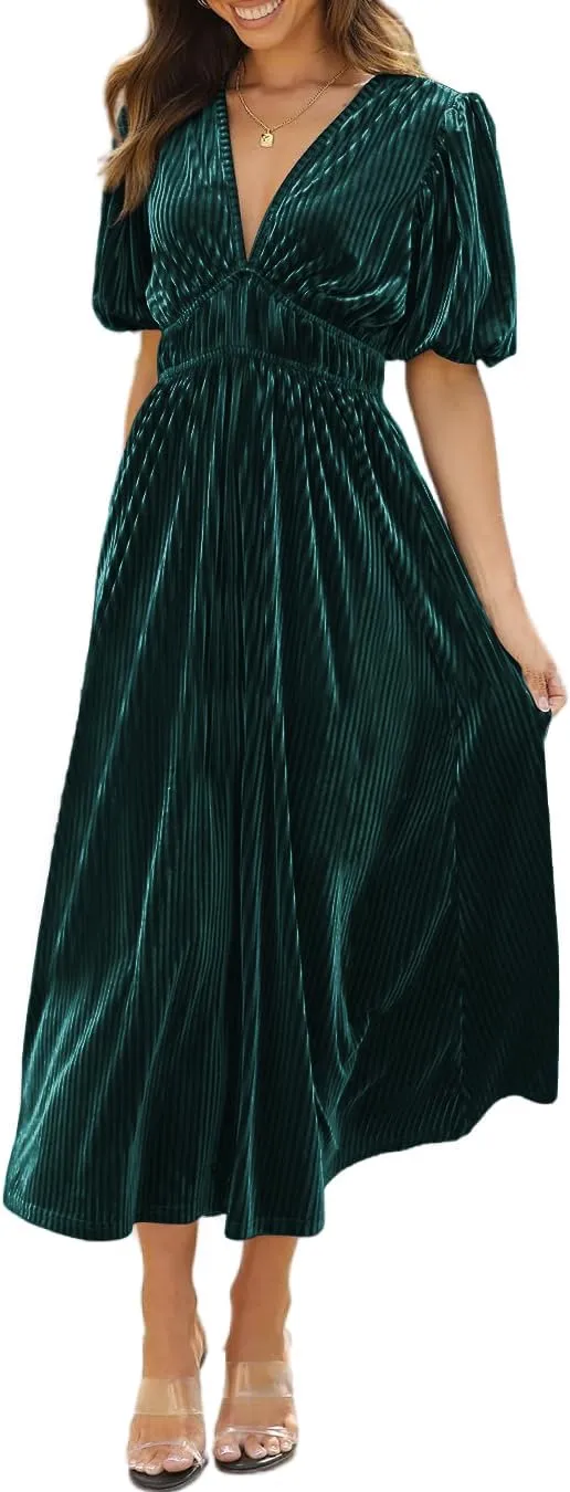 R.Vivimos Women's Fall Winter Velvet Dress Puff Sleeve Sexy Deep V Neck Elastic High Waist A-Line Elegant Casual Midi Dress