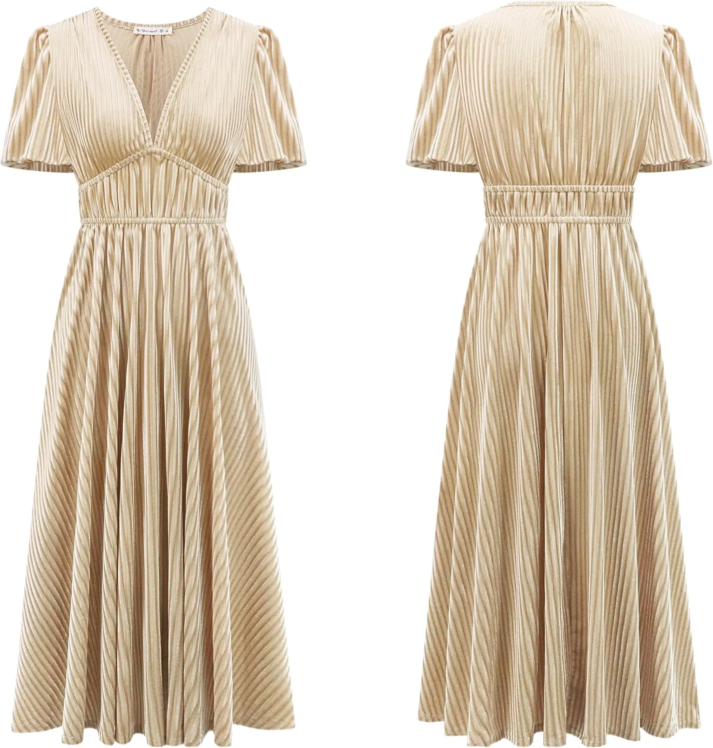 R.Vivimos Women's Fall Winter Velvet Dress Puff Sleeve Sexy Deep V Neck Elastic High Waist A-Line Elegant Casual Midi Dress