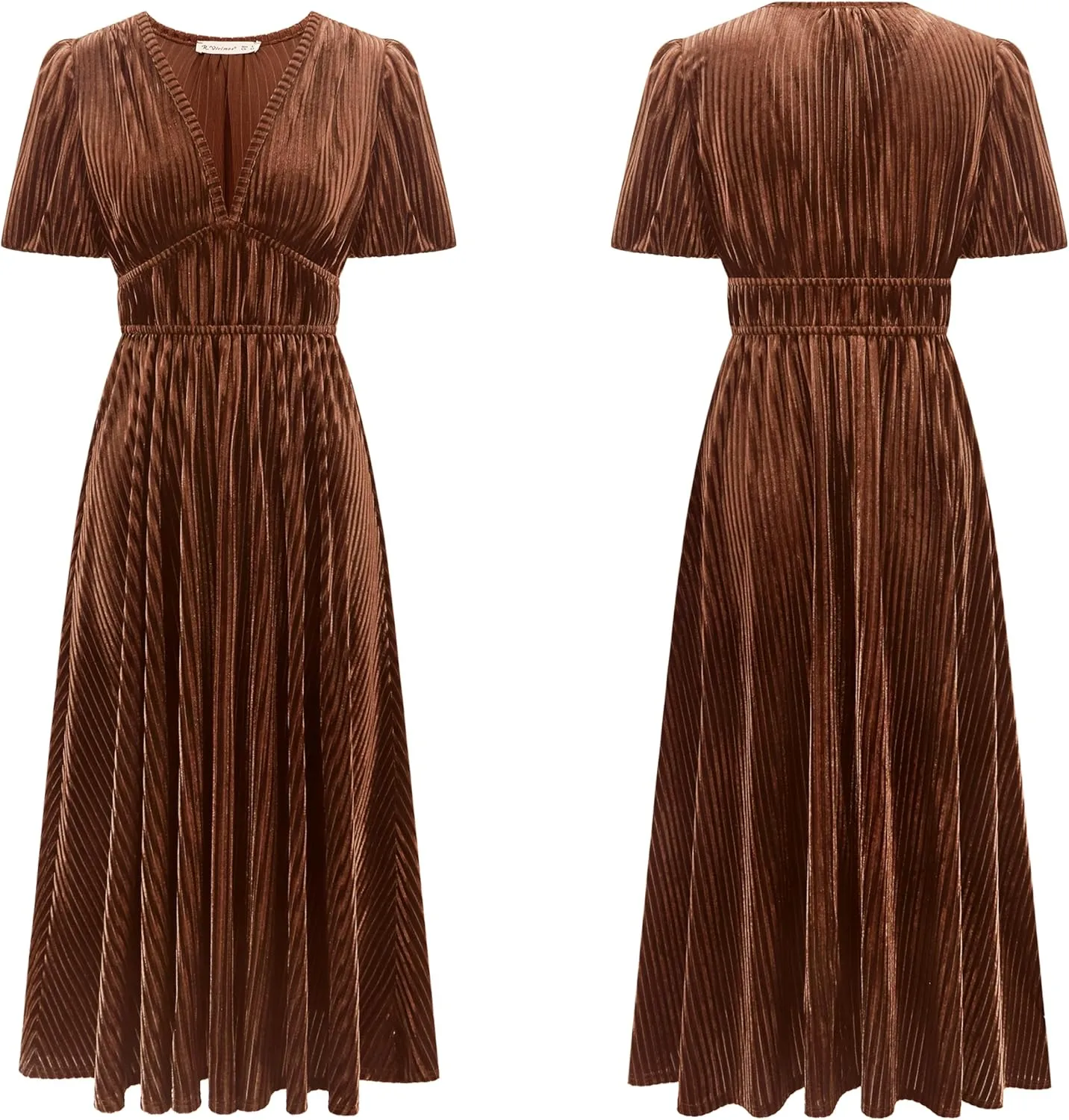 R.Vivimos Women's Fall Winter Velvet Dress Puff Sleeve Sexy Deep V Neck Elastic High Waist A-Line Elegant Casual Midi Dress