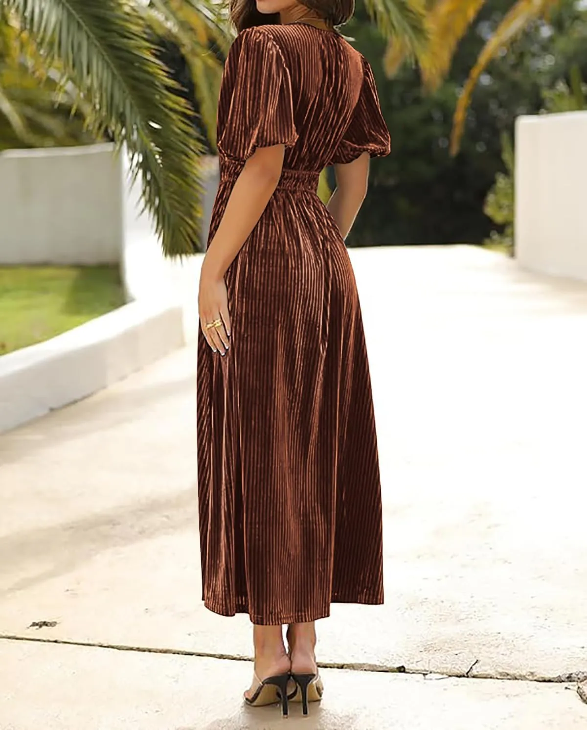 R.Vivimos Women's Fall Winter Velvet Dress Puff Sleeve Sexy Deep V Neck Elastic High Waist A-Line Elegant Casual Midi Dress