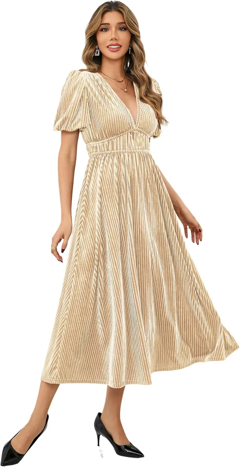R.Vivimos Women's Fall Winter Velvet Dress Puff Sleeve Sexy Deep V Neck Elastic High Waist A-Line Elegant Casual Midi Dress