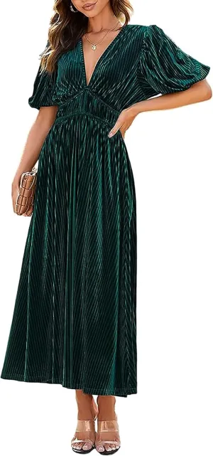 R.Vivimos Women's Fall Winter Velvet Dress Puff Sleeve Sexy Deep V Neck Elastic High Waist A-Line Elegant Casual Midi Dress