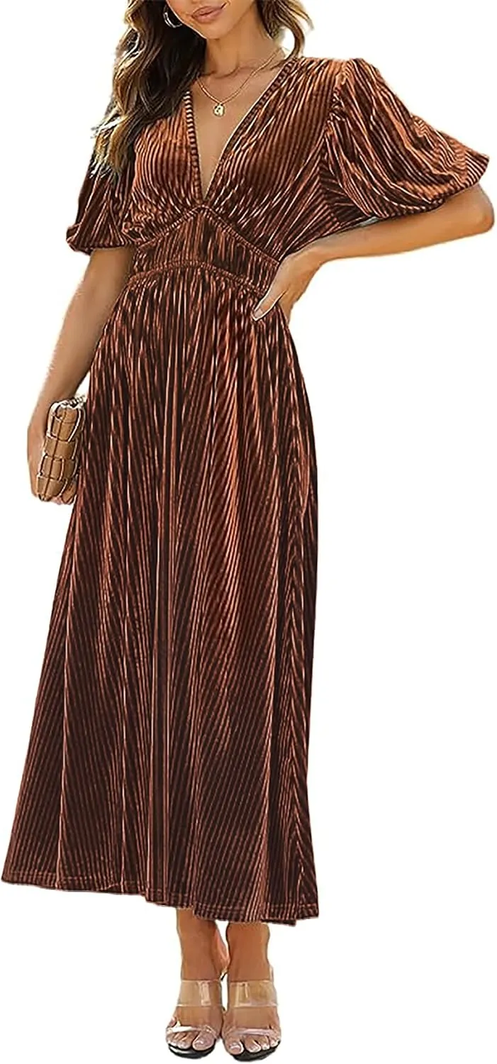 R.Vivimos Women's Fall Winter Velvet Dress Puff Sleeve Sexy Deep V Neck Elastic High Waist A-Line Elegant Casual Midi Dress