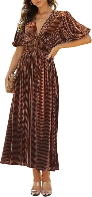 R.Vivimos Women's Fall Winter Velvet Dress Puff Sleeve Sexy Deep V Neck Elastic High Waist A-Line Elegant Casual Midi Dress