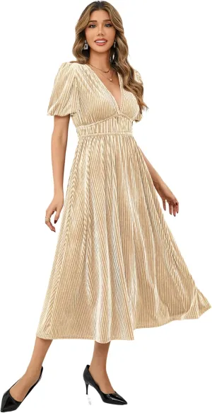 R.Vivimos Women's Fall Winter Velvet Dress Puff Sleeve Sexy Deep V Neck Elastic High Waist A-Line Elegant Casual Midi Dress