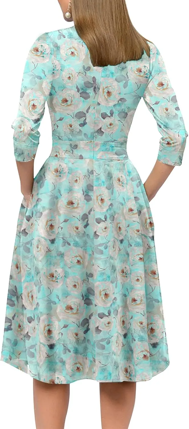 Simple Flavor Women's Floral Vintage Dress Elegant Midi Evening Dress 3/4 Sleeves