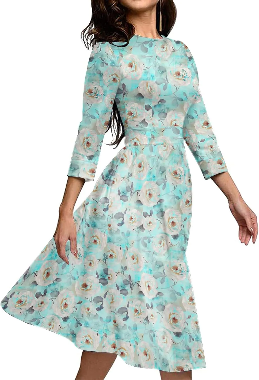 Simple Flavor Women's Floral Vintage Dress Elegant Midi Evening Dress 3/4 Sleeves
