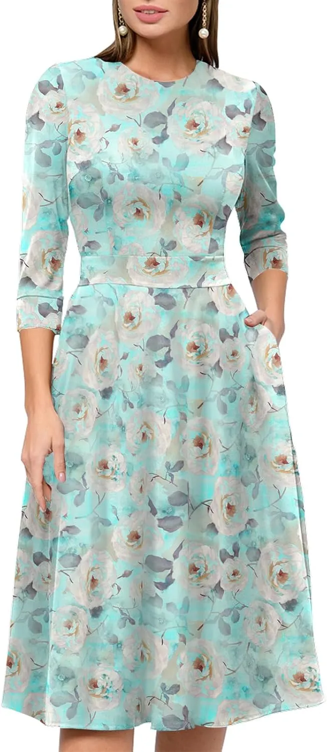 Simple Flavor Women's Floral Vintage Dress Elegant Midi Evening Dress 3/4 Sleeves