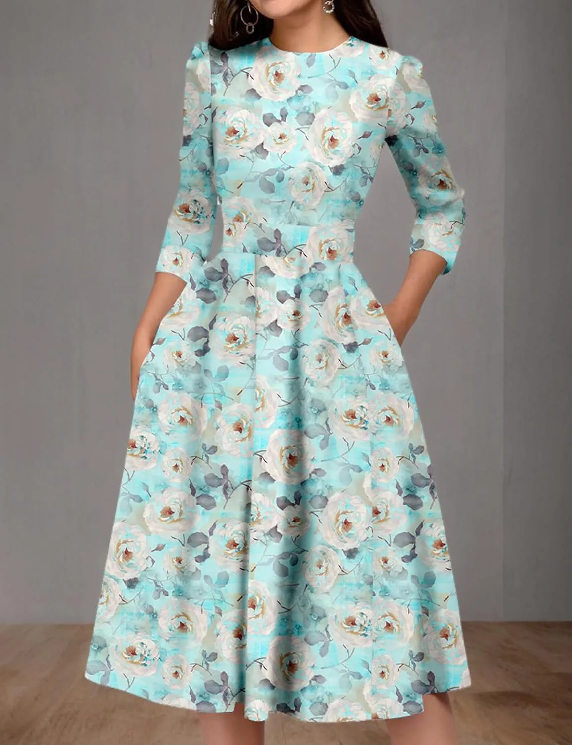 Simple Flavor Women's Floral Vintage Dress Elegant Midi Evening Dress 3/4 Sleeves