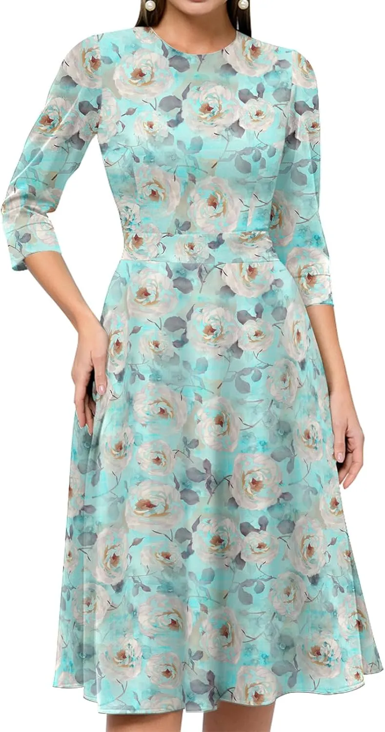 Simple Flavor Women's Floral Vintage Dress Elegant Midi Evening Dress 3/4 Sleeves