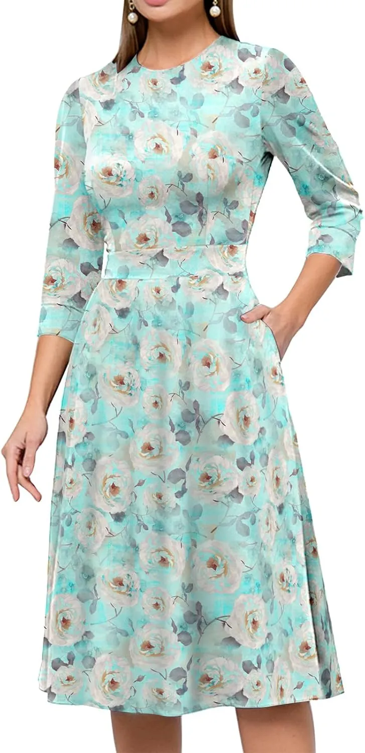 Simple Flavor Women's Floral Vintage Dress Elegant Midi Evening Dress 3/4 Sleeves
