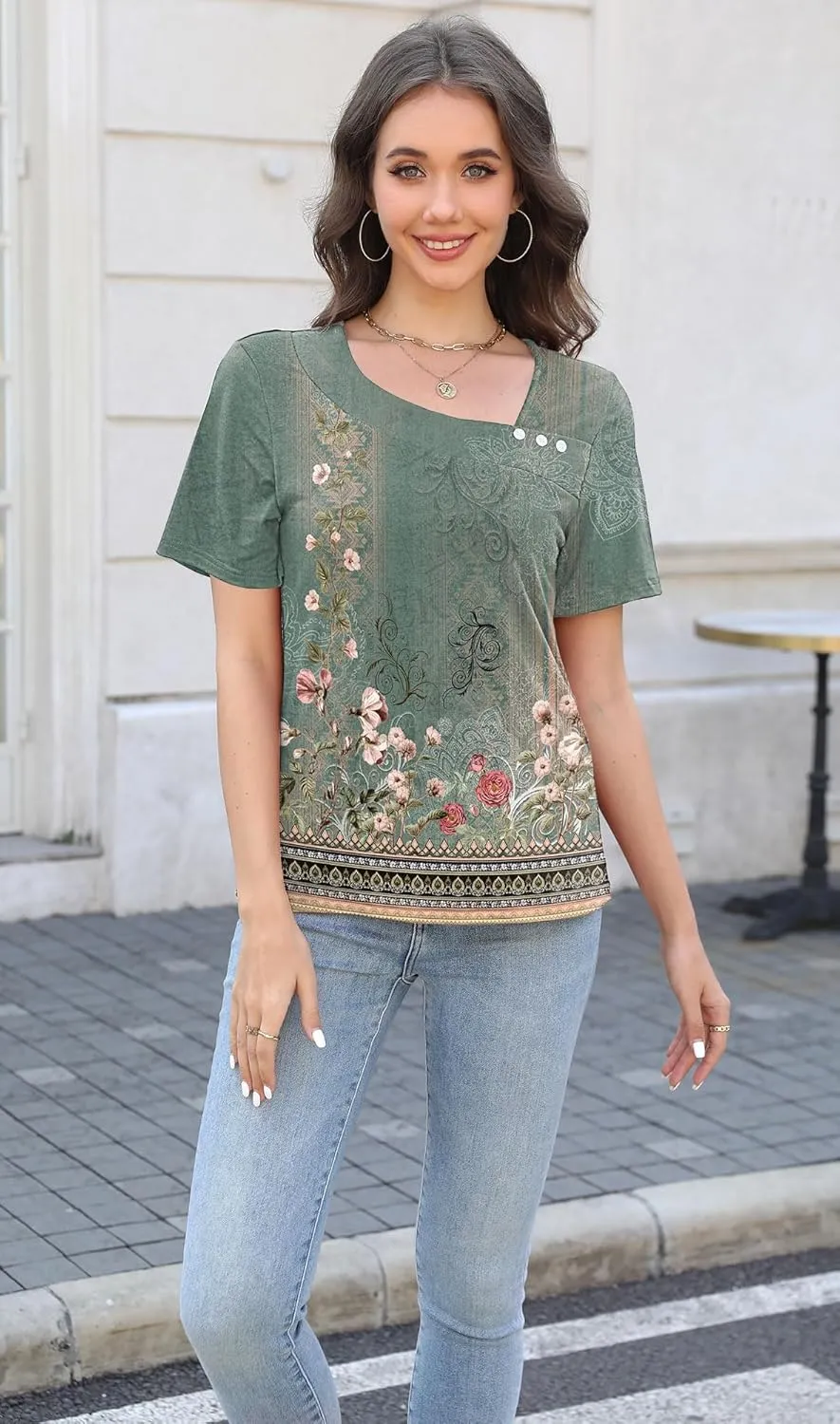 Soesdemo Womens Summer Tops Asymmetrical Neck Short Sleeve Button Dressy Casual Lightweight Tunic T Shirts Blouse