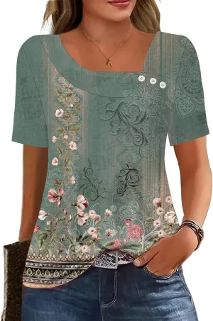 Soesdemo Womens Summer Tops Asymmetrical Neck Short Sleeve Button Dressy Casual Lightweight Tunic T Shirts Blouse