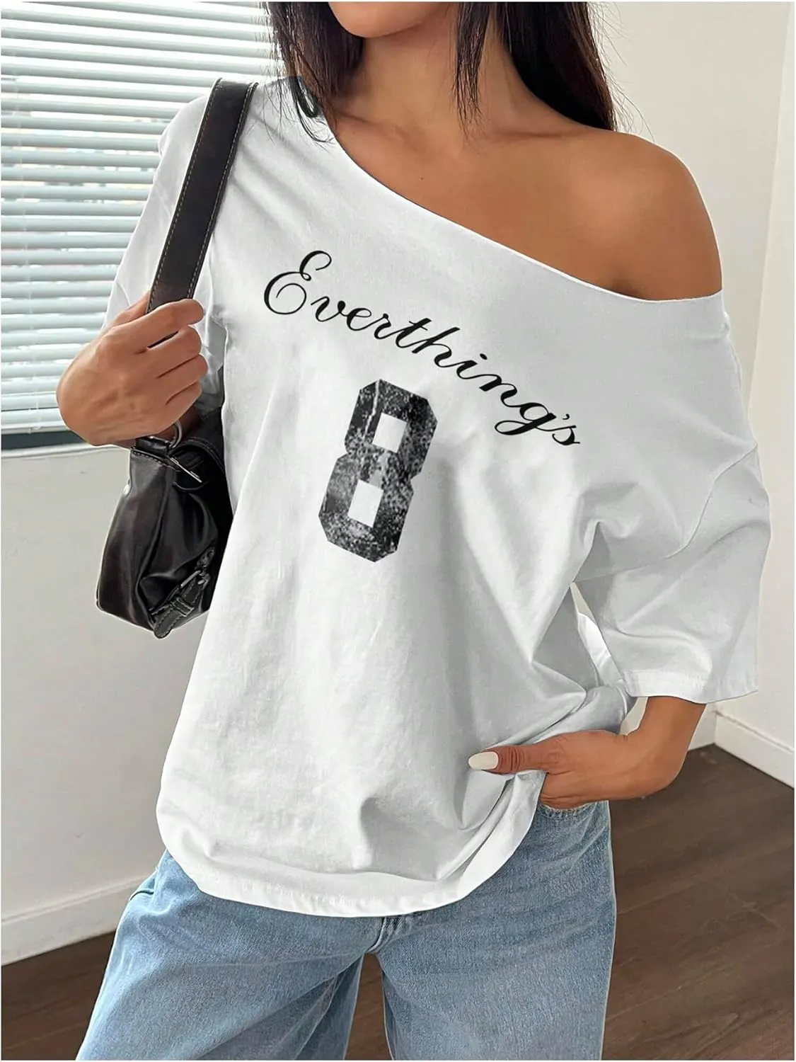 SOLY HUX Women's Jersey Shirts Oversized Grunge Graphic Tees Off The Shoulder Y2k Streetwear Short Sleeve Summer Tops