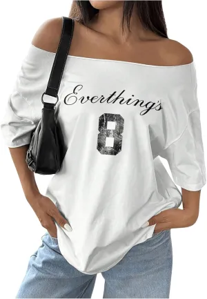 SOLY HUX Women's Jersey Shirts Oversized Grunge Graphic Tees Off The Shoulder Y2k Streetwear Short Sleeve Summer Tops