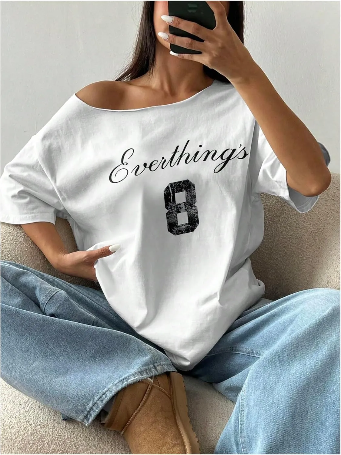 SOLY HUX Women's Jersey Shirts Oversized Grunge Graphic Tees Off The Shoulder Y2k Streetwear Short Sleeve Summer Tops