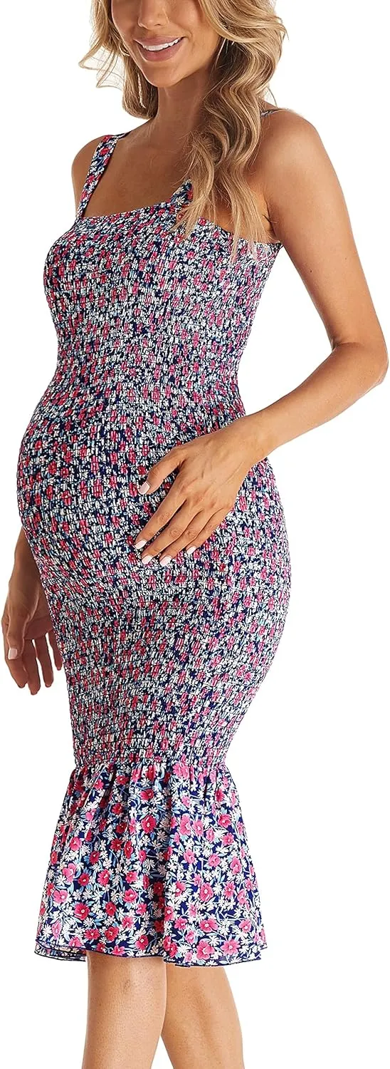 Summer Tank Maternity Dress Sleeveless Strappy Floral Midi Bodycon Square Neck Ruffle Mermaid Smocked Dress for Baby Shower