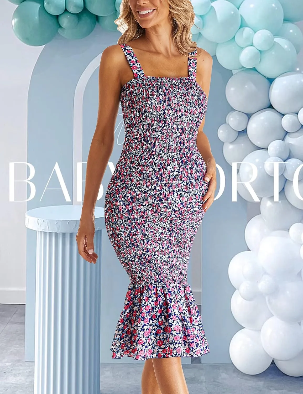 Summer Tank Maternity Dress Sleeveless Strappy Floral Midi Bodycon Square Neck Ruffle Mermaid Smocked Dress for Baby Shower