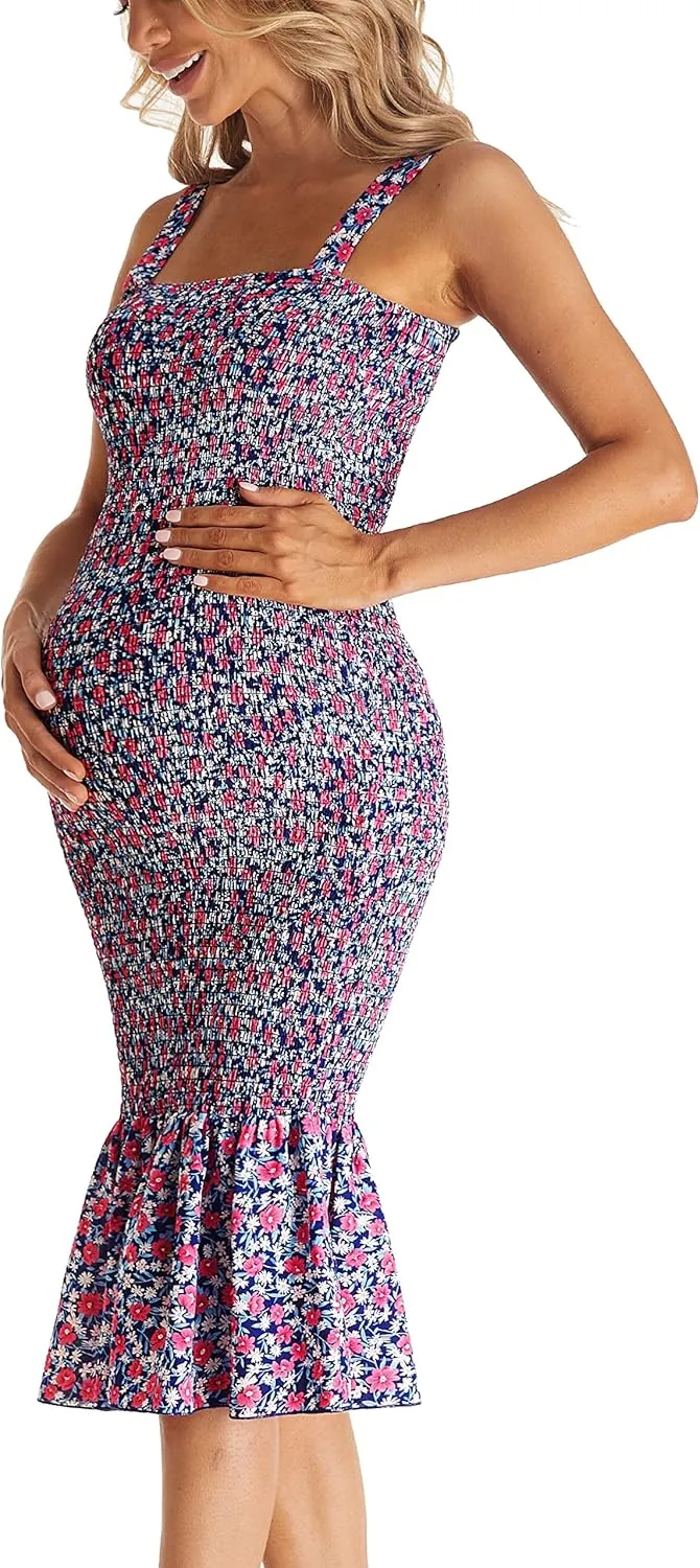 Summer Tank Maternity Dress Sleeveless Strappy Floral Midi Bodycon Square Neck Ruffle Mermaid Smocked Dress for Baby Shower