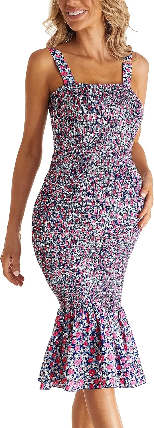 Summer Tank Maternity Dress Sleeveless Strappy Floral Midi Bodycon Square Neck Ruffle Mermaid Smocked Dress for Baby Shower