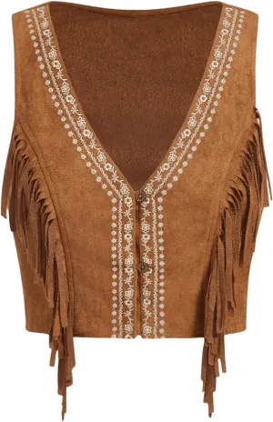 SweatyRocks Women's Fringe Sleeveless Vest Floral Embroidered 70s Hippie Crop Jacket Cardigan
