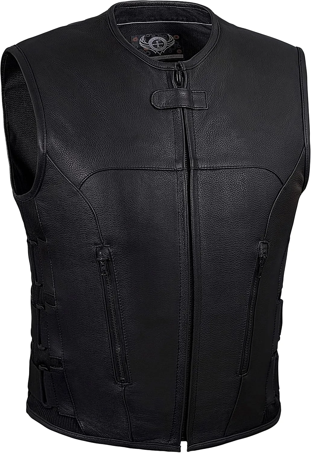 True Element Mens SWAT Team Style Leather Motorcycle Vest with Gun Pockets & Side Size Adjust. (Black,Sizes S-5XL,Tall)