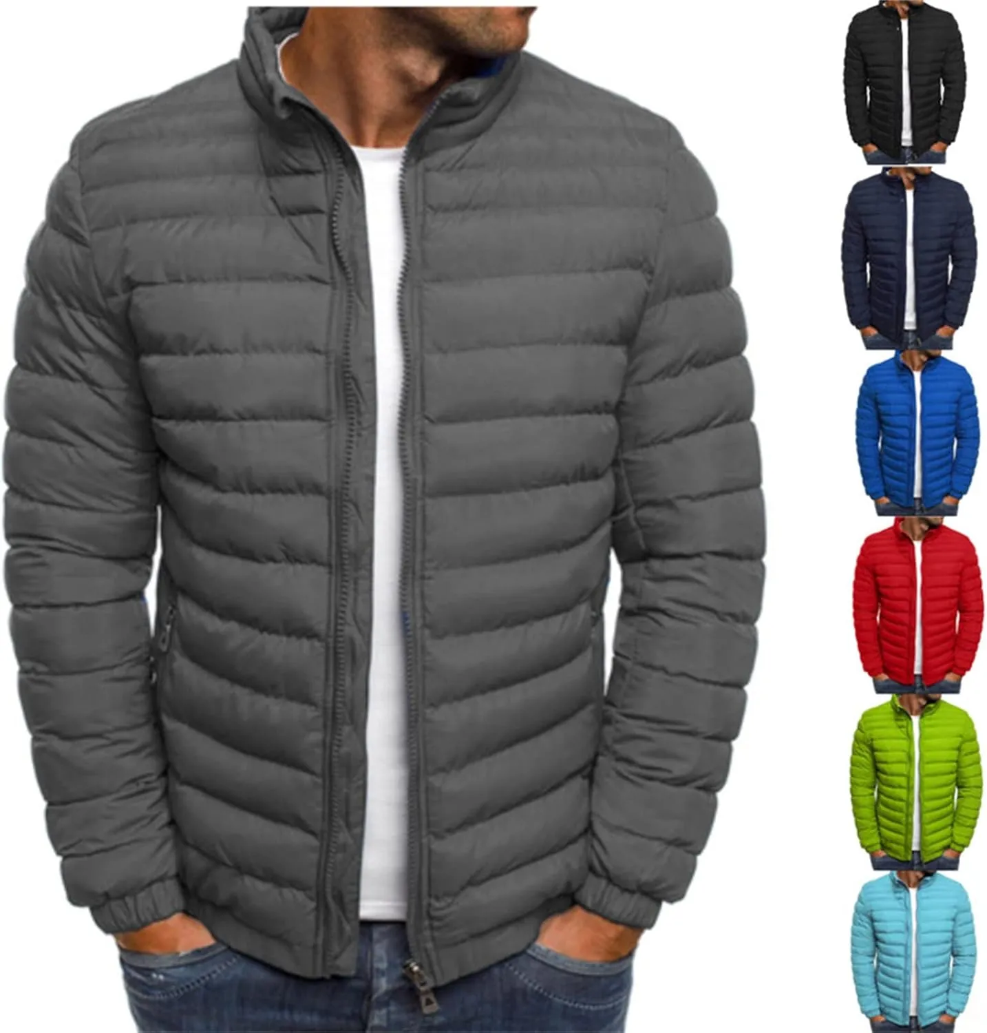 tuduoms Men's Down Jacket No Hood Winter Fashion Stand Collar Bomber Jacket Casual Quilted Lightweight Snow Ski Puffer Coat