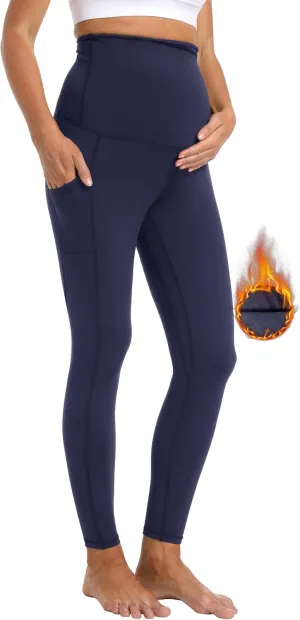V VOCNI Maternity Fleece Lined Leggings with Pockets Over The Belly Yoga Pants Thermal Winter Workout Leggings for Women