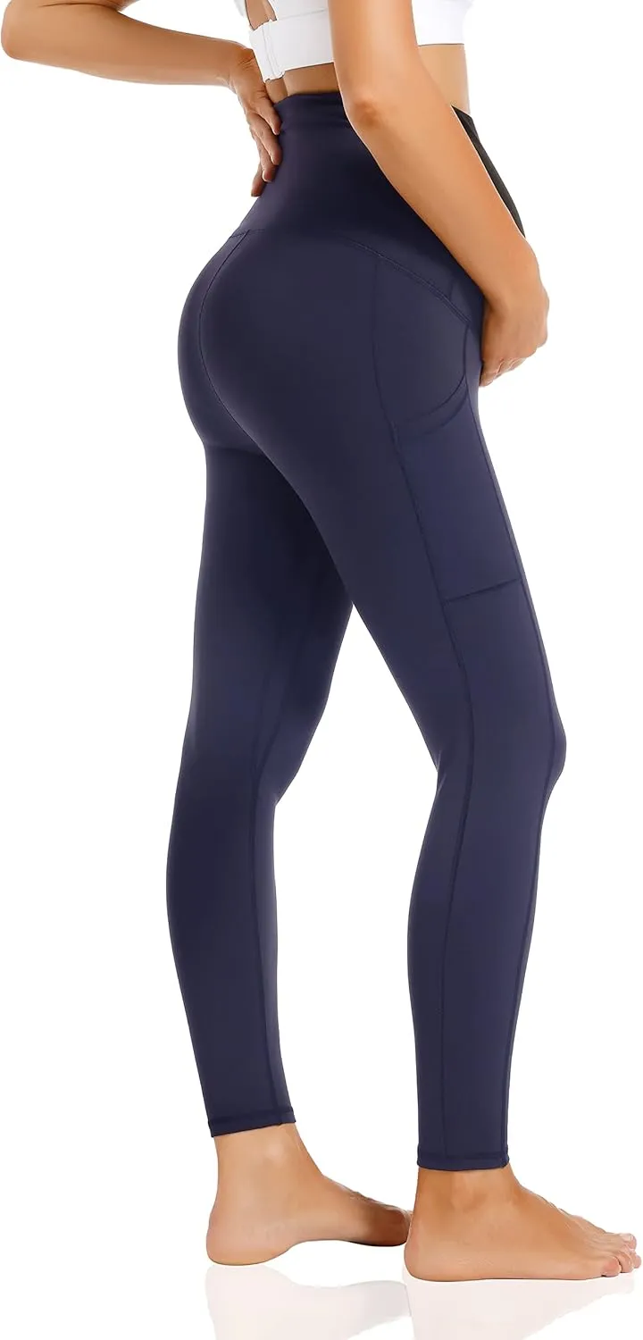 V VOCNI Maternity Fleece Lined Leggings with Pockets Over The Belly Yoga Pants Thermal Winter Workout Leggings for Women