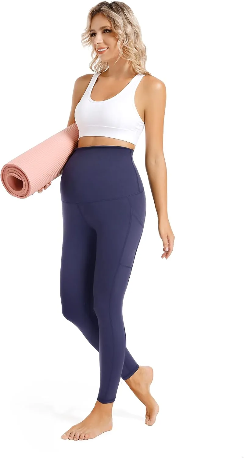 V VOCNI Maternity Fleece Lined Leggings with Pockets Over The Belly Yoga Pants Thermal Winter Workout Leggings for Women