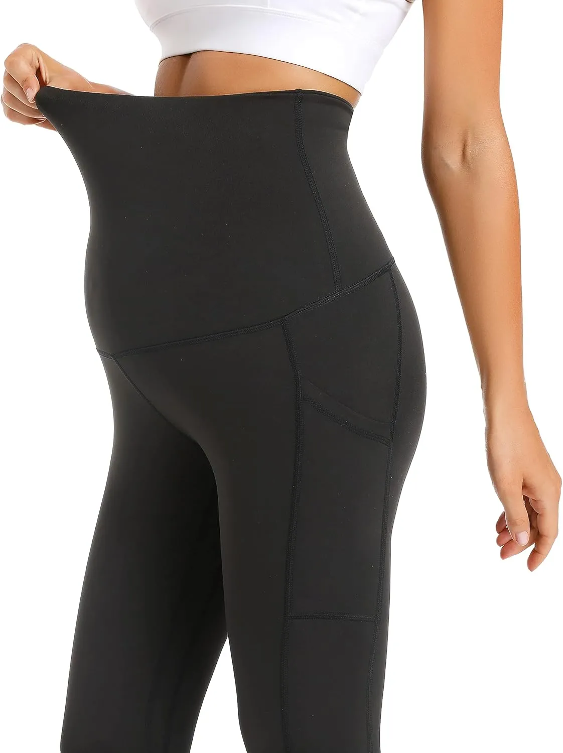 V VOCNI Maternity Fleece Lined Leggings with Pockets Over The Belly Yoga Pants Thermal Winter Workout Leggings for Women