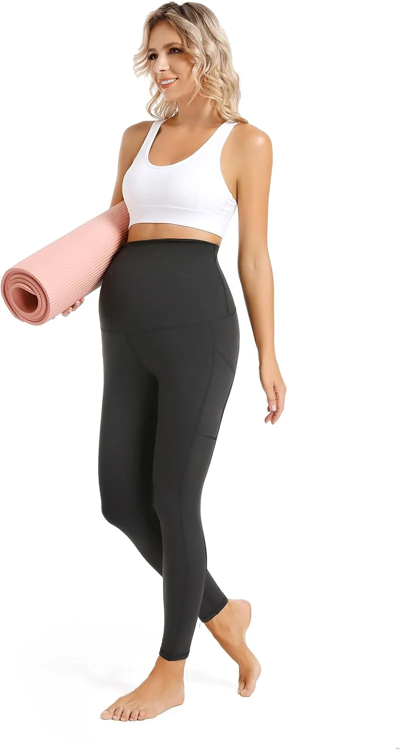 V VOCNI Maternity Fleece Lined Leggings with Pockets Over The Belly Yoga Pants Thermal Winter Workout Leggings for Women