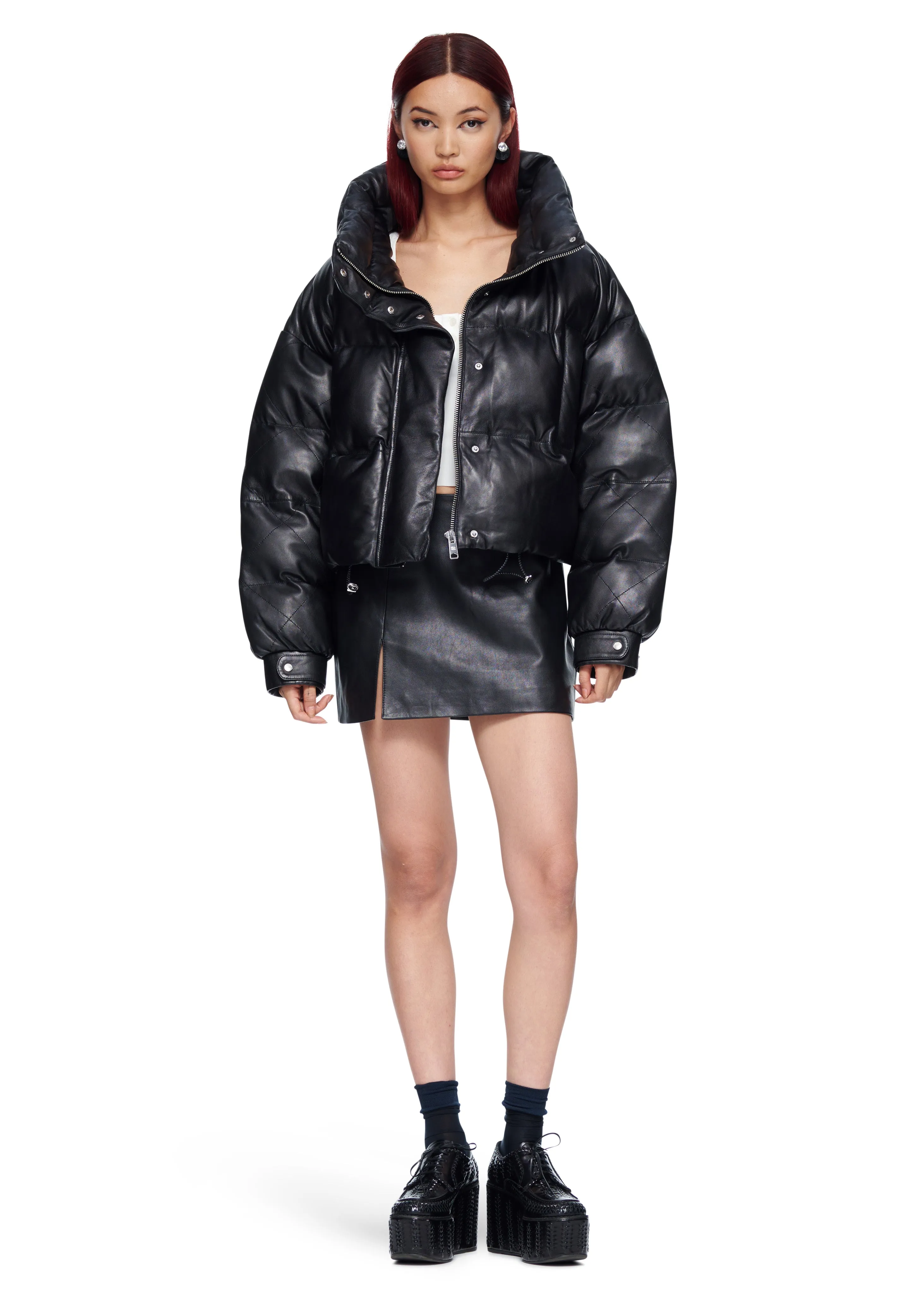 VIAVIA Genuine Leather Puffer Coat in Black