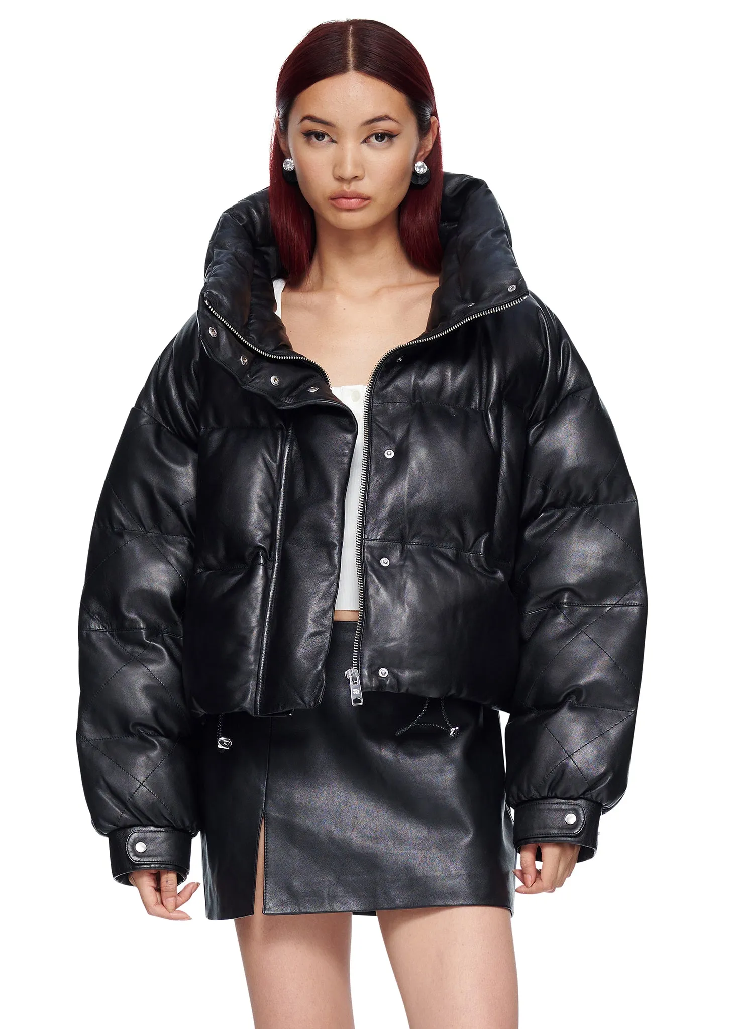 VIAVIA Genuine Leather Puffer Coat in Black