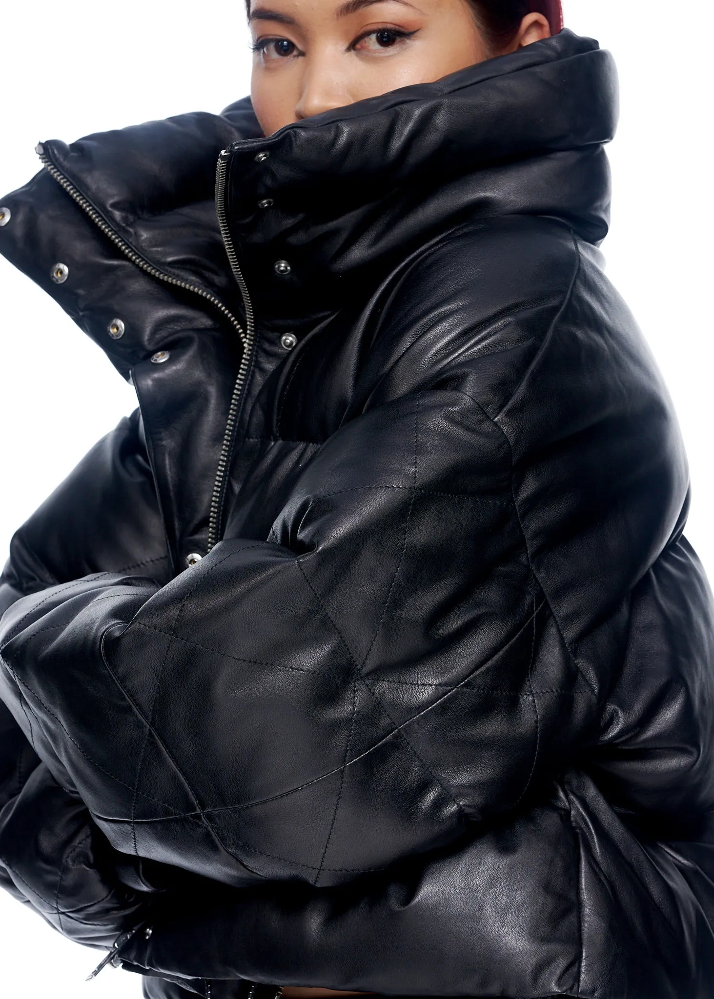 VIAVIA Genuine Leather Puffer Coat in Black