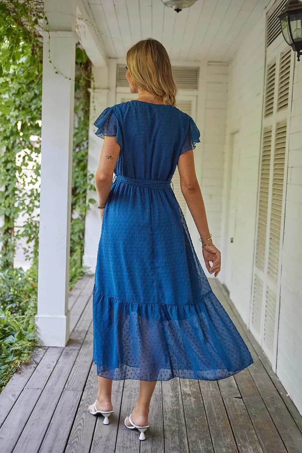VintageClothing Womens Sundress Casual Floral Summer Boho Dress Flowy Wrap V Neck Ruffle A-Line Pleated Hem Midi Dresses