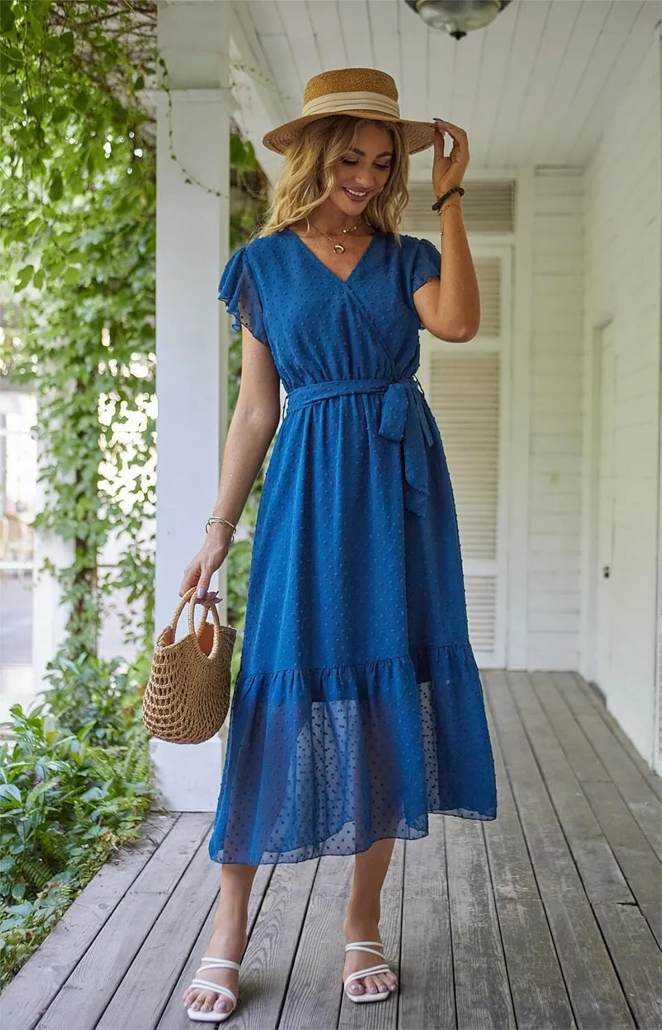 VintageClothing Womens Sundress Casual Floral Summer Boho Dress Flowy Wrap V Neck Ruffle A-Line Pleated Hem Midi Dresses