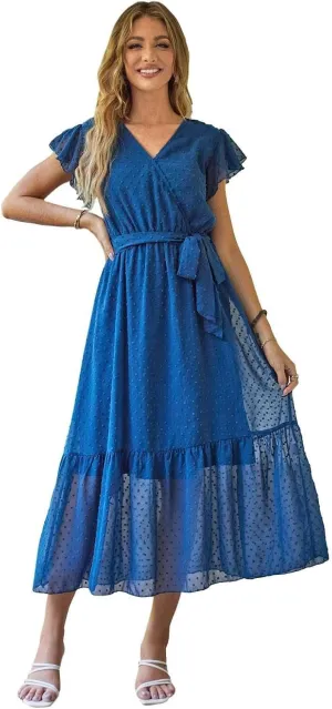 VintageClothing Womens Sundress Casual Floral Summer Boho Dress Flowy Wrap V Neck Ruffle A-Line Pleated Hem Midi Dresses