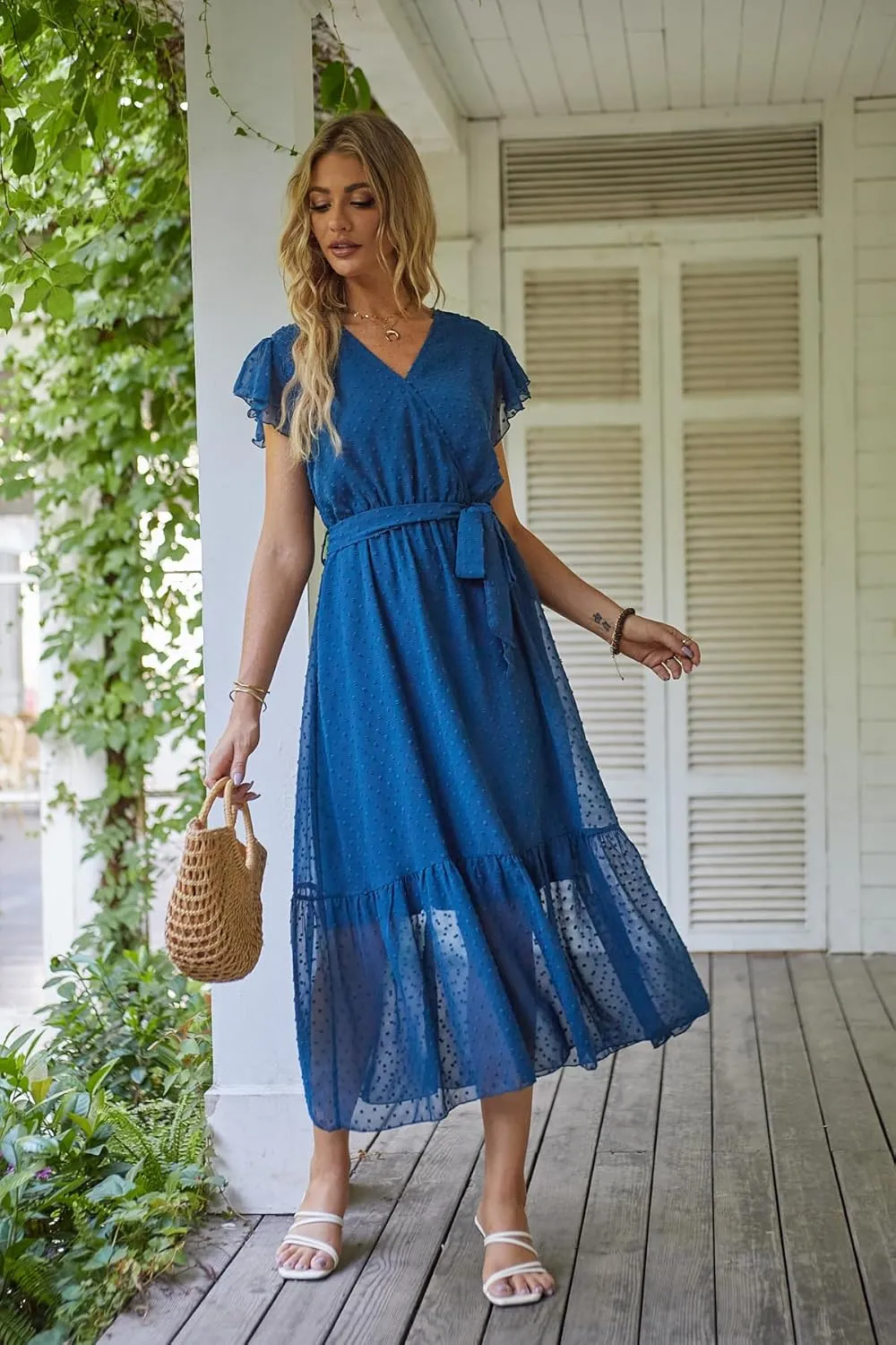 VintageClothing Womens Sundress Casual Floral Summer Boho Dress Flowy Wrap V Neck Ruffle A-Line Pleated Hem Midi Dresses