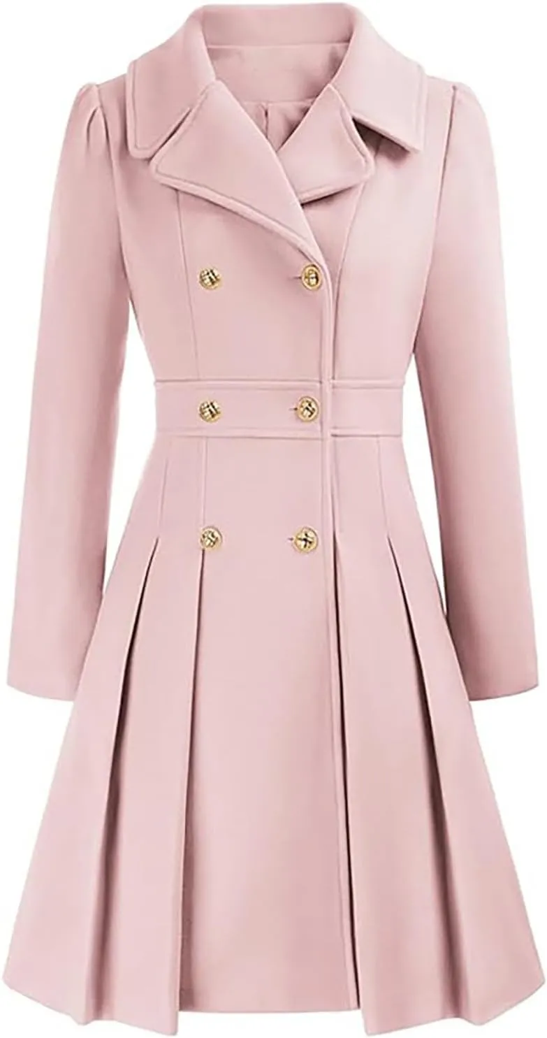 Winter Coats for Women Fleece Pea Coat Notch Lapel Double Breasted Thick A Line Trench Coat Jacket with Pockets