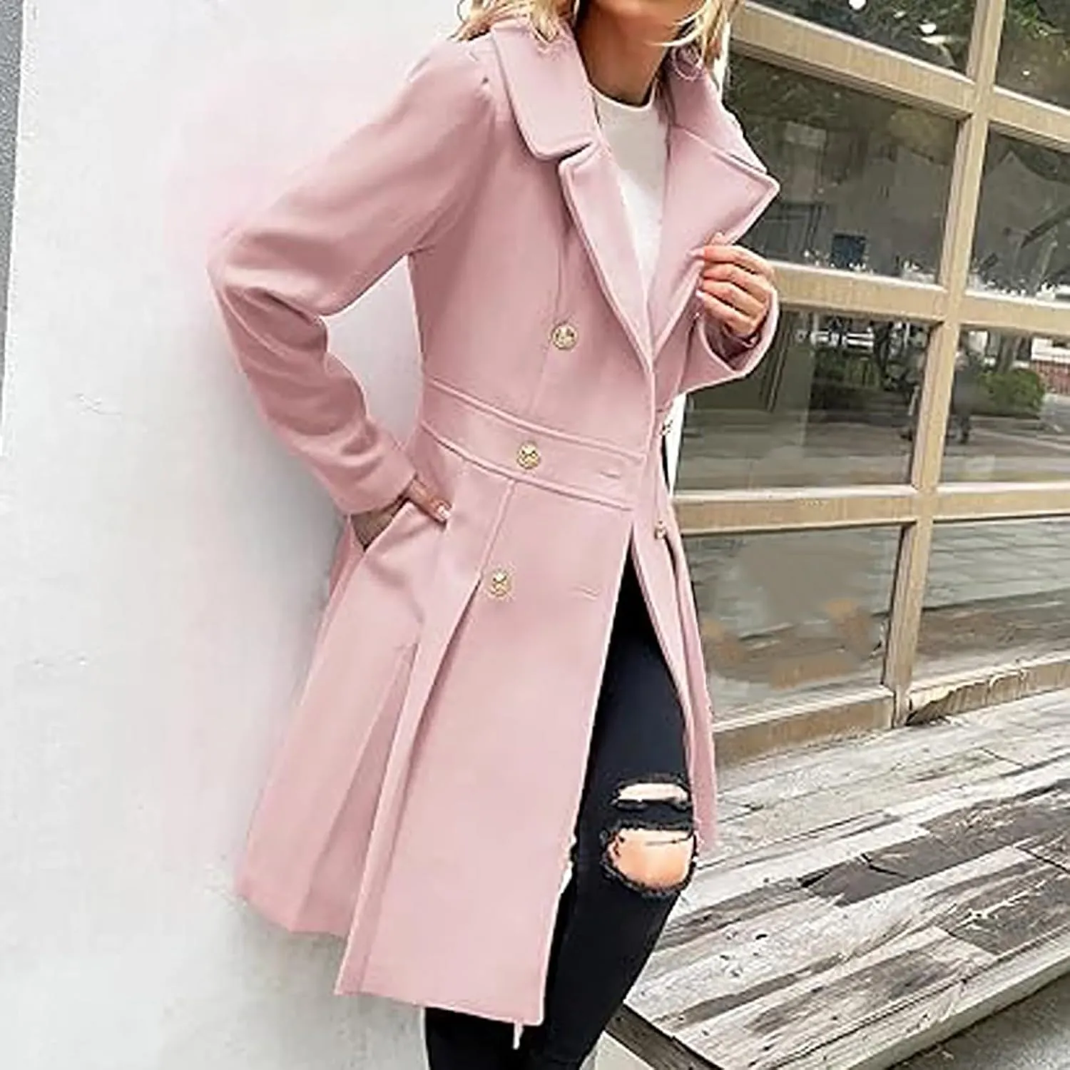 Winter Coats for Women Fleece Pea Coat Notch Lapel Double Breasted Thick A Line Trench Coat Jacket with Pockets
