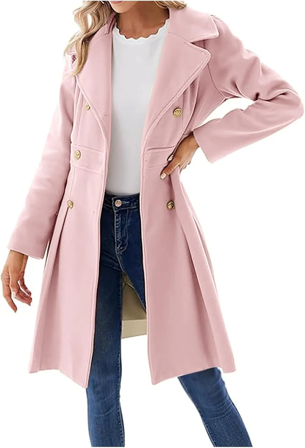 Winter Coats for Women Fleece Pea Coat Notch Lapel Double Breasted Thick A Line Trench Coat Jacket with Pockets