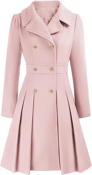 Winter Coats for Women Fleece Pea Coat Notch Lapel Double Breasted Thick A Line Trench Coat Jacket with Pockets