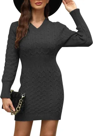 Women's 2024 Fall Sweater Dress Long Sleeve V Neck Cable Knit Chunky Bodycon Pullover Jumper Sweaters Short Dress