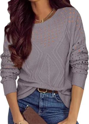 Womens 2025 Spring Sweaters Oversized Crewneck Cable Knit Pullover Crochet Hollow Out Chunky Jumper Casual Tunic Tops